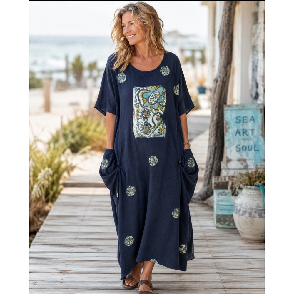 VTG Blue Fish Coastal Boho Lagenlook Maxi Dress Art To Wear OS Eclectic Artisan